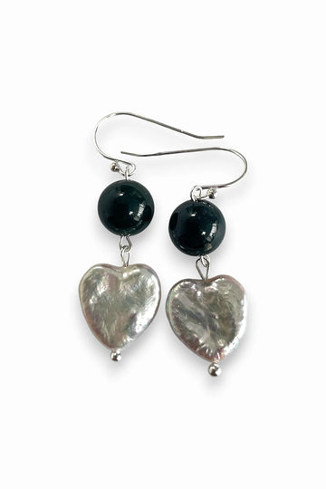 Heart-Shaped Pearl and Green Agate Earrings
